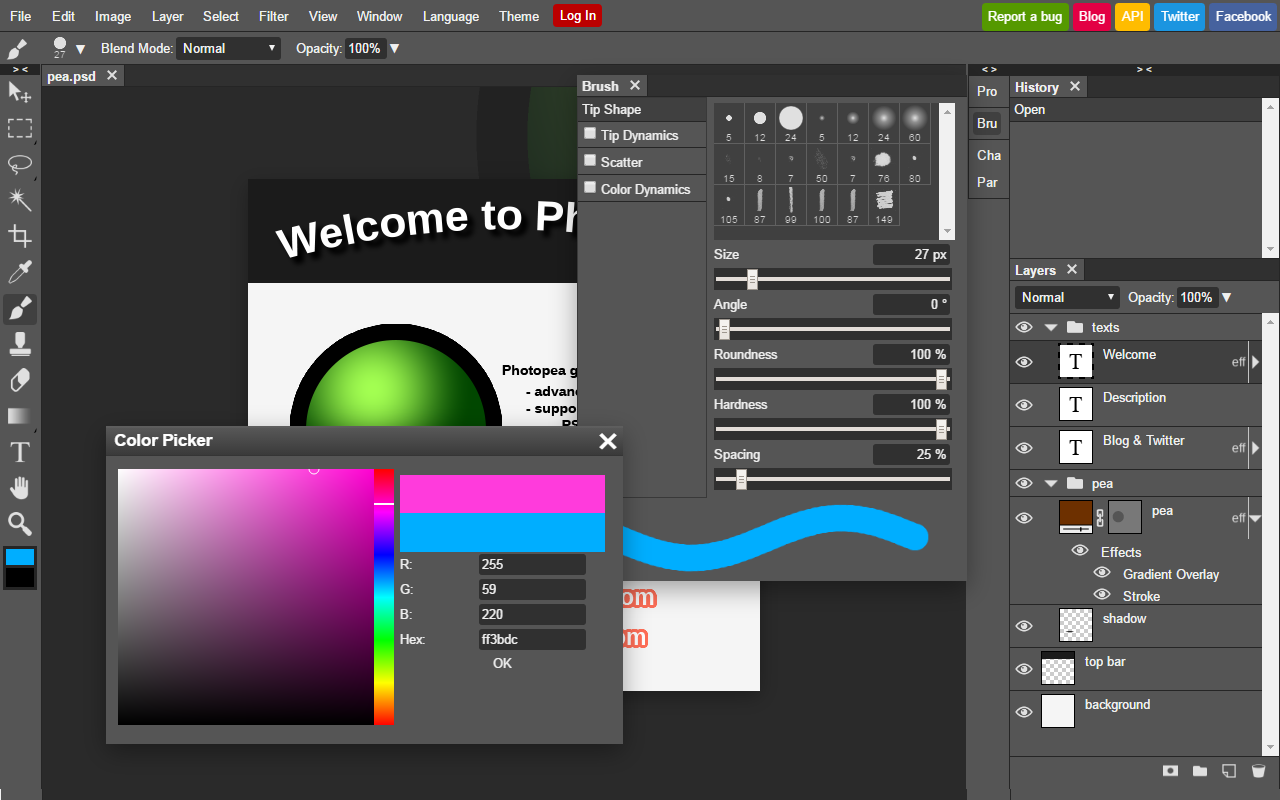 Photopea editor interface with layers panel and toolbar